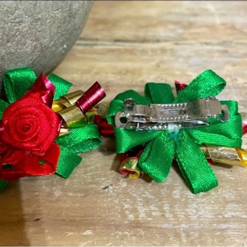 Set Of 2 Handcrafted Christmas Theme Dog Bows NEW